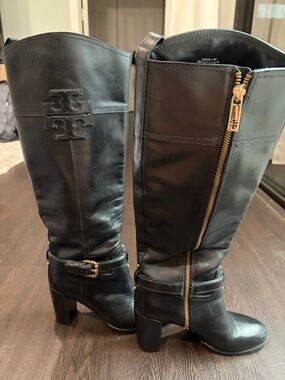 Tory Burch Black Leather Knee-High Heeled Boots with Gold Zip